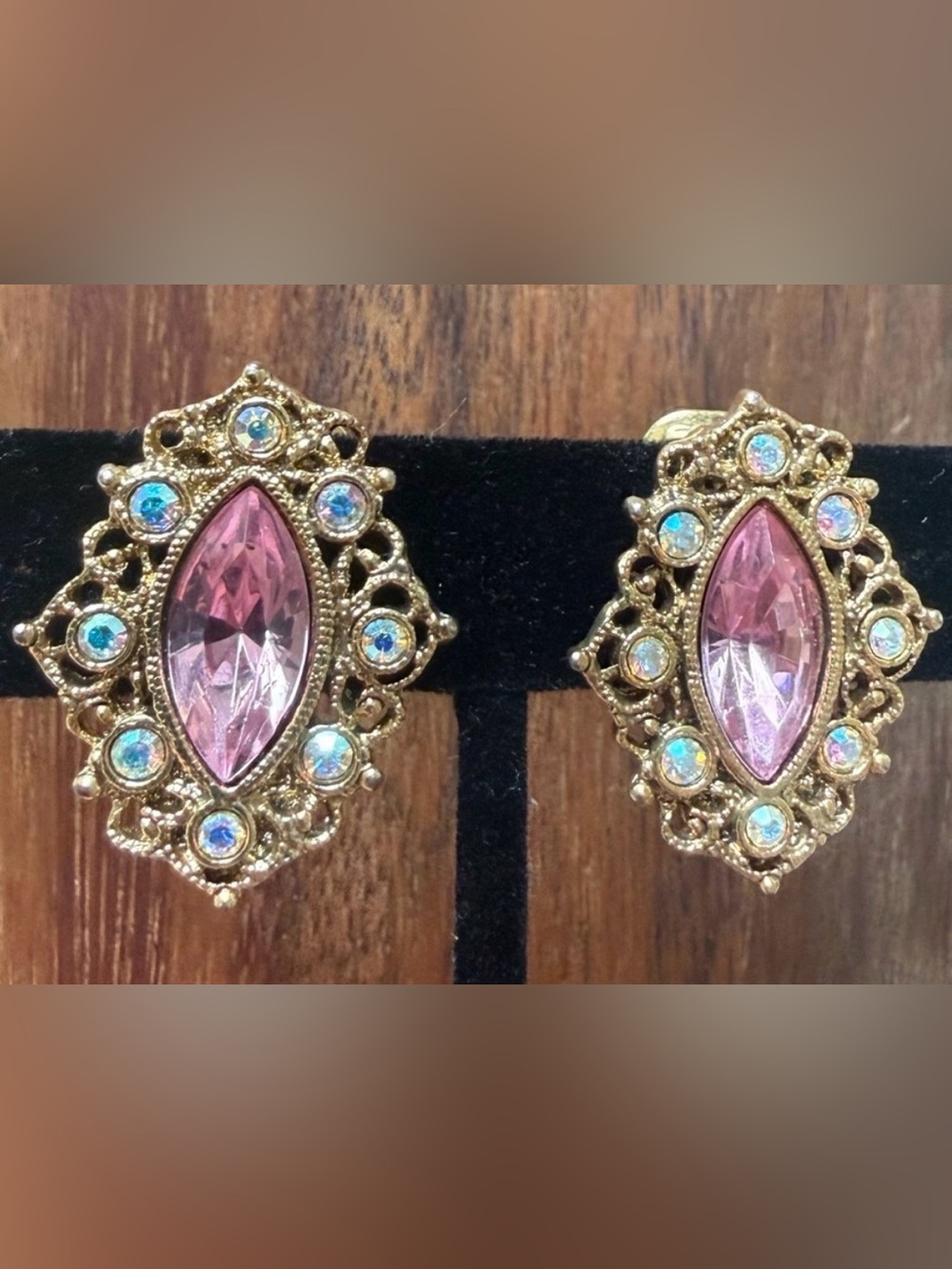 1928 Pink and Gold Tone Rhinestone AB Filigree Clip On Earrings